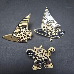 Vintage 1980s Cat Pins Beige Metallic Black Made in UK Sail Boats Tennis